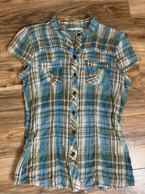 Y2K Lightweight Blue & Olive Plaid Button-Front Women's Top